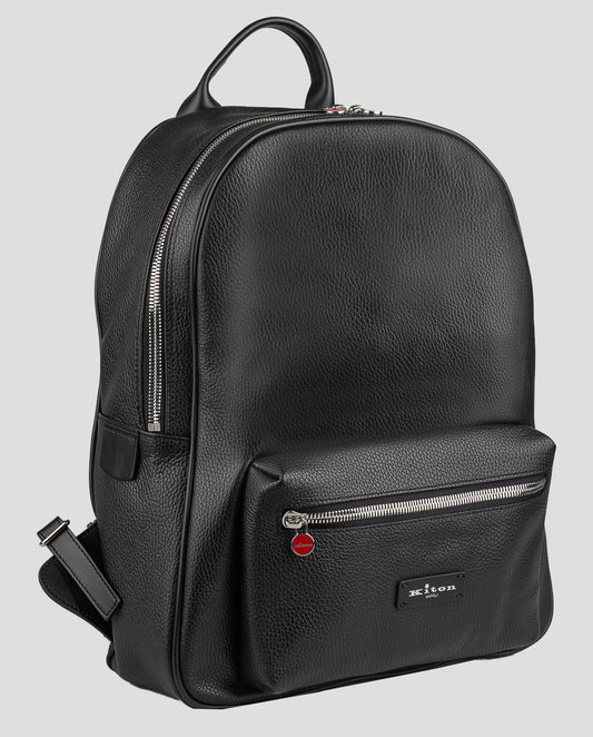 Kiton black calf leather backpack with sleek design, ideal for business travel.