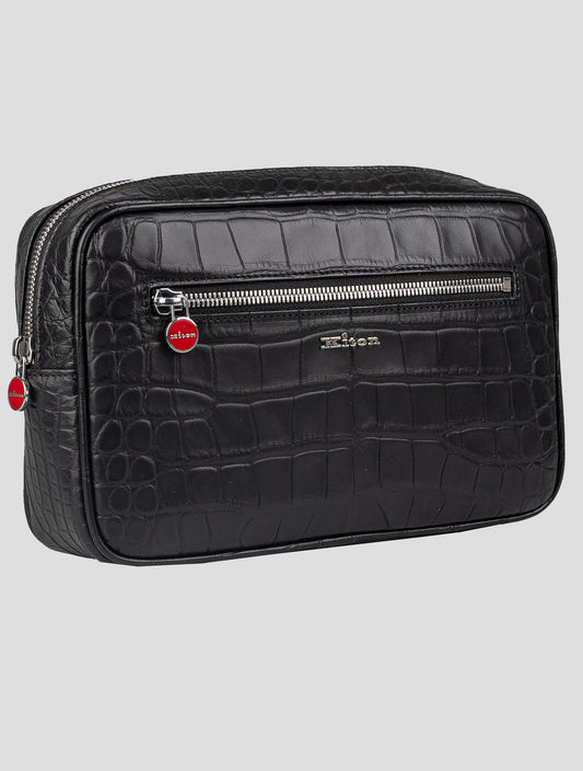 Kiton Black Leather Crocodile Pochette