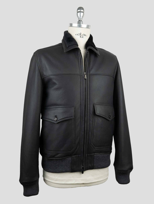 Cesare Attolini Black Leather Shearling Coat