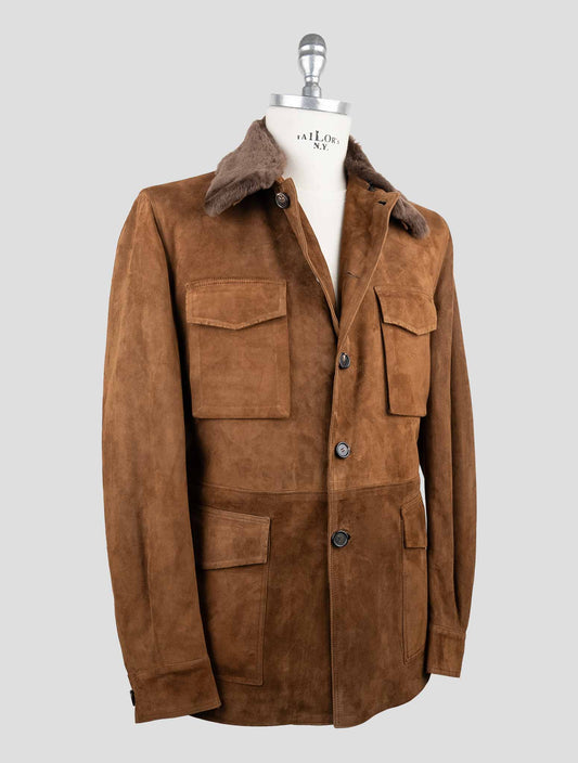 Cesare Attolini Brown Leather Suede Fur Collar Coat