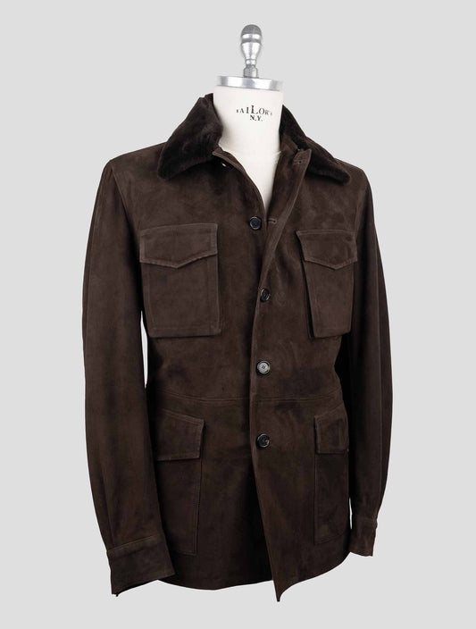 Cesare Attolini Dark Brown Leather Suede Fur Collar Coat