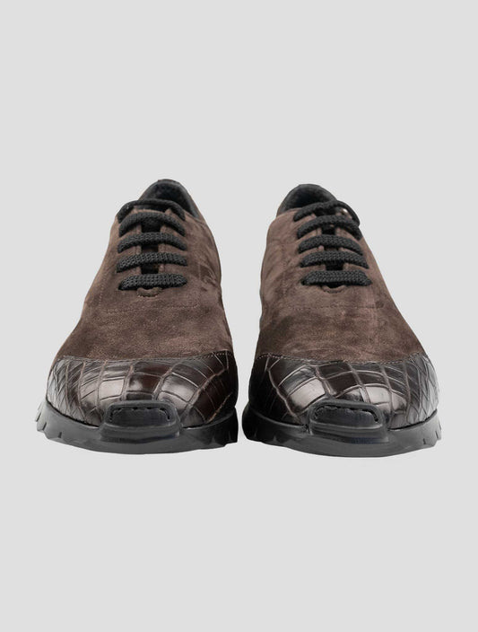 Kiton Brown Leather Suede Leather Crocodile Overcoat