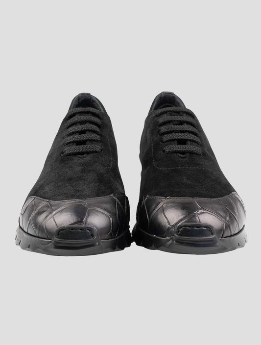 Kiton Black Leather Suede Leather Crocodile Overcoat