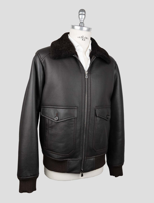 Isaia Brown Leather Shearling Coat