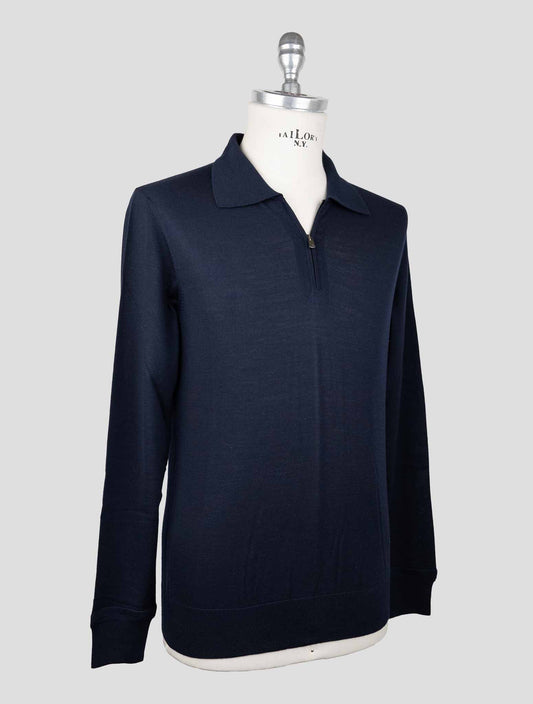 Isaia Blue Wool Sweater Polo Half Zip
