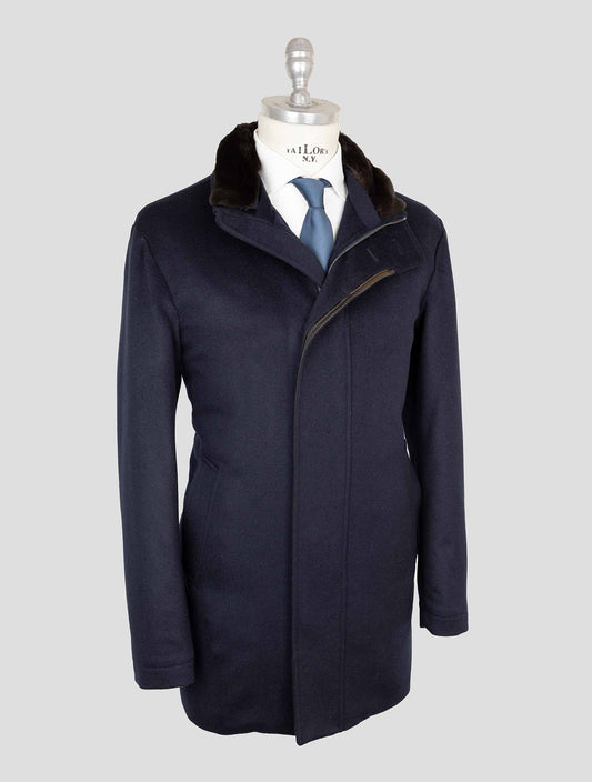 Cesare Attolini Dark Blue Cashmere Mink Fur collar Overcoat
