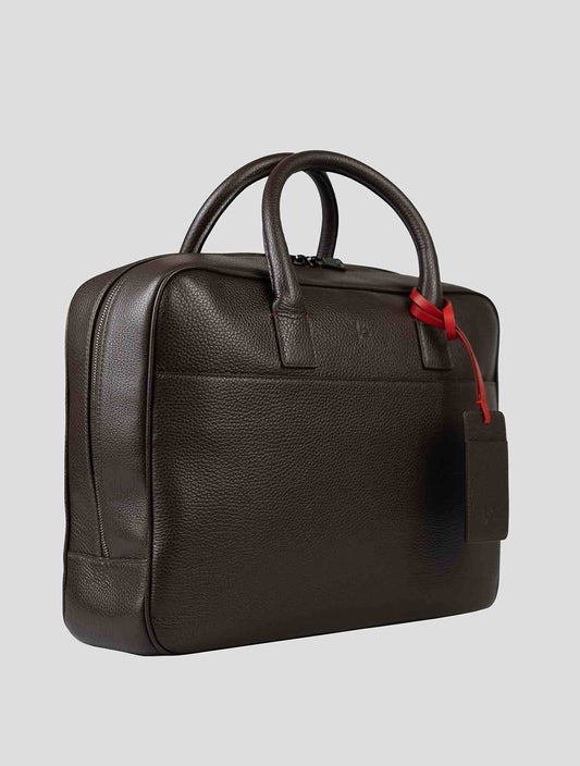 Isaia brown leather briefcase with dual handles and sleek design, ideal for business use.