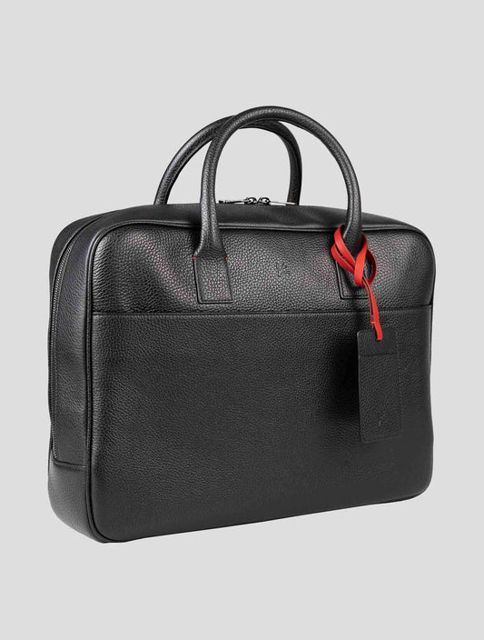 Isaia black leather briefcase with sleek design and sturdy handles, ideal for business use.