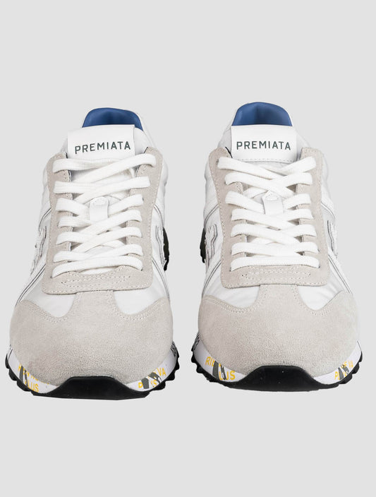Premiata gray and white leather suede sneakers with a stylish design, perfect for everyday wear.