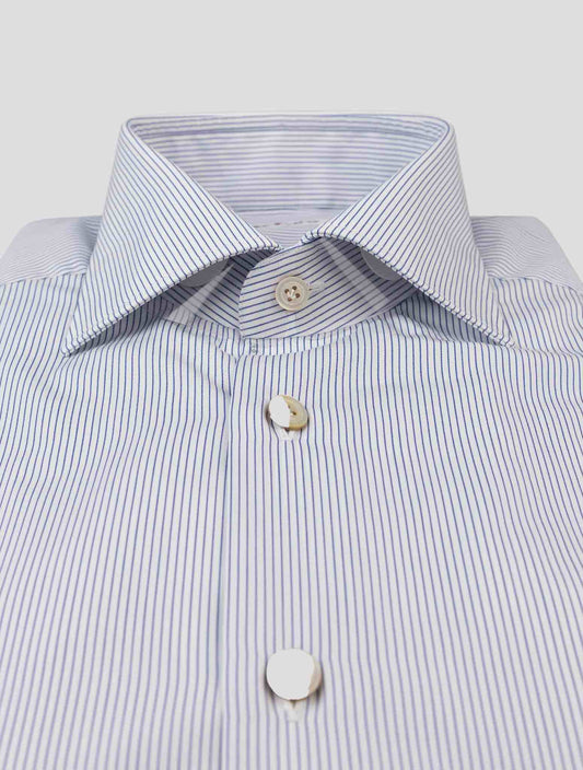 Kiton blue and white cotton shirt, elegant design, perfect for business professional wardrobe, available in multiple sizes.