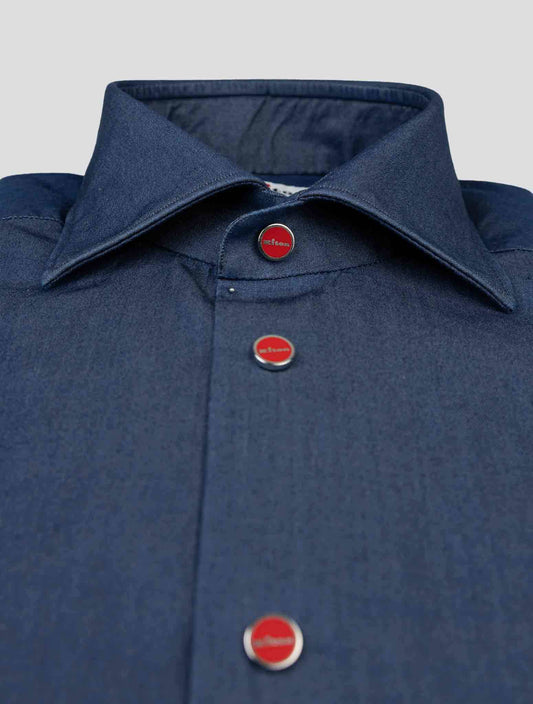 Kiton denim cotton shirt in light blue with button-down collar and long sleeves, available in multiple sizes.