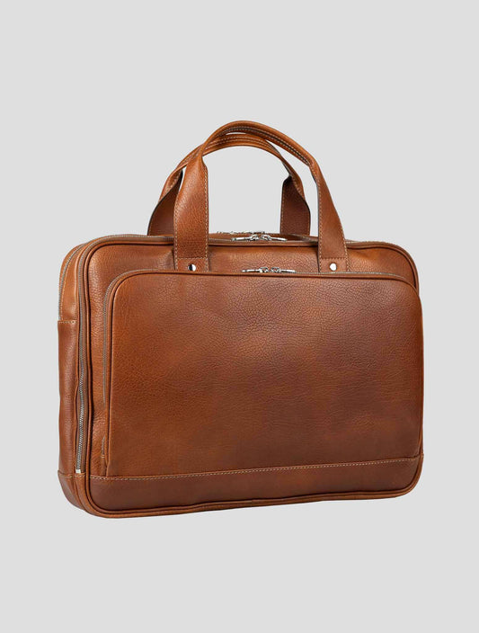 Brunello Cucinelli brown leather briefcase with sleek design and sturdy handles, perfect for business professionals.