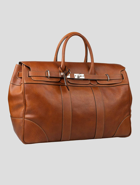 Brunello Cucinelli brown leather travel bag with sleek design and spacious interior for business travel.