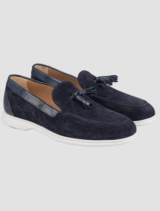 Kiton Blue Leather Crocodile Leather Suede Loafers