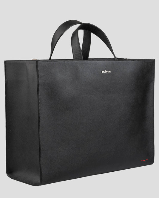 Kiton black calf leather business briefcase with sleek design and sturdy handles, ideal for professionals.