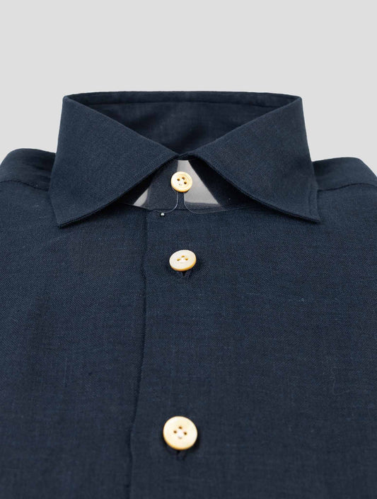 Kiton blue linen shirt with a classic collar, available in multiple sizes