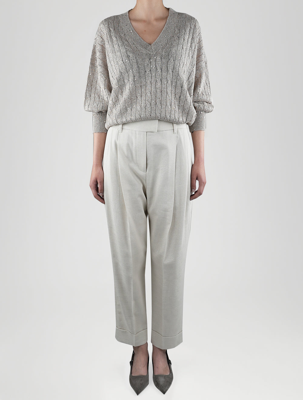 Brunello Cucinelli Beige Linen Nylon Sweater V-neck Woman – 2Men