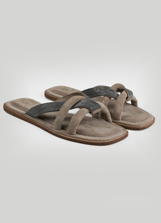 Brunello Cucinelli Taupe Leather Suede Slides Woman