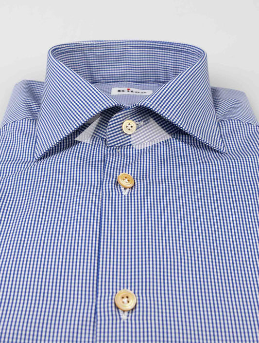 Kiton blue and white cotton shirt with a classic collar, perfect for business or formal occasions.