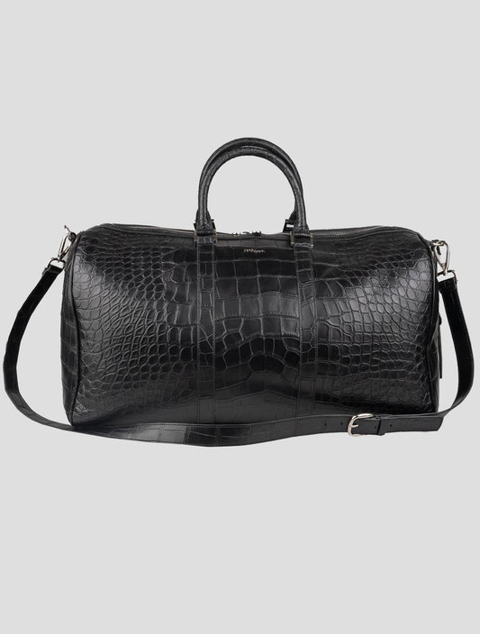 Kiton black crocodile leather travel bag, luxury weekend duffle with sturdy handles and spacious interior.