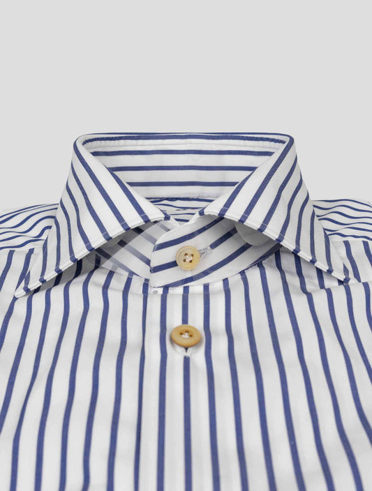 Kiton blue and white cotton dress shirt with button-down collar, available in size 15, 15.5, and 15.75