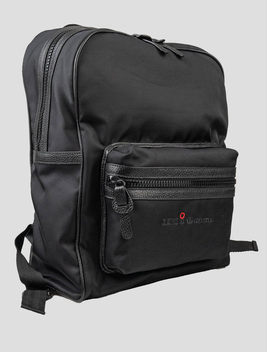 Kiton black polyamide backpack with leather details, designed for business casual style.