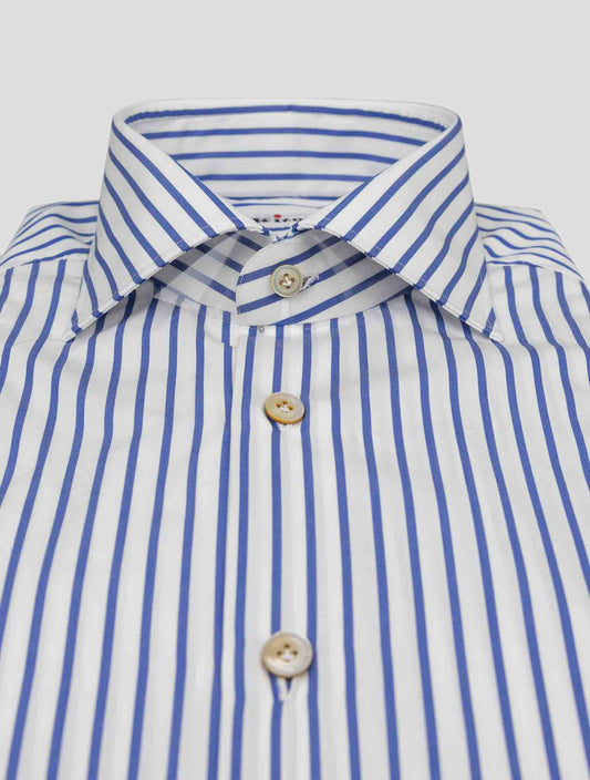 Kiton blue and white cotton shirt with elegant design, available in multiple sizes.