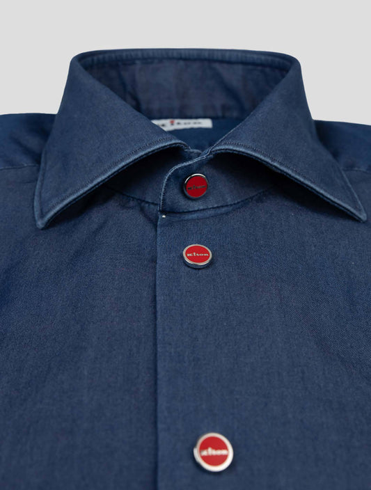 Kiton denim cotton shirt in blue with a classic collar and button-down front, available in multiple sizes.