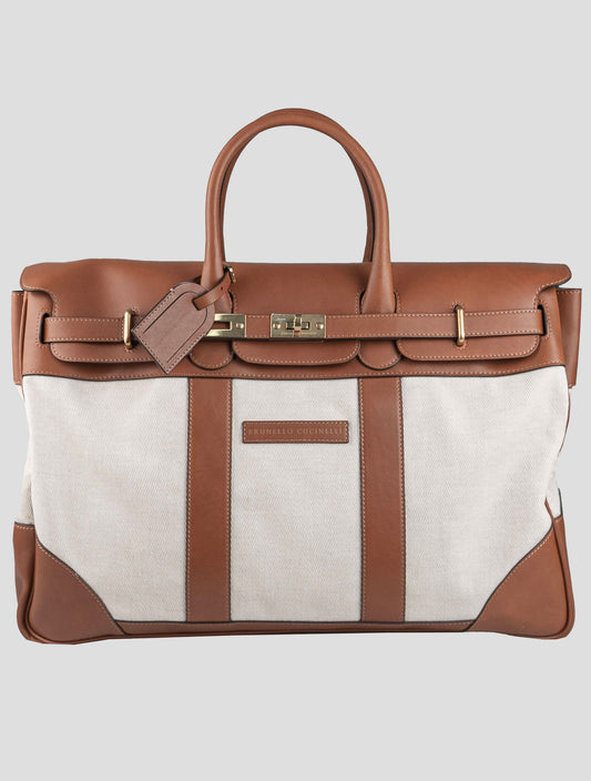 Brunello Cucinelli Beige Brown Cotton Linen Leather Travel Bag