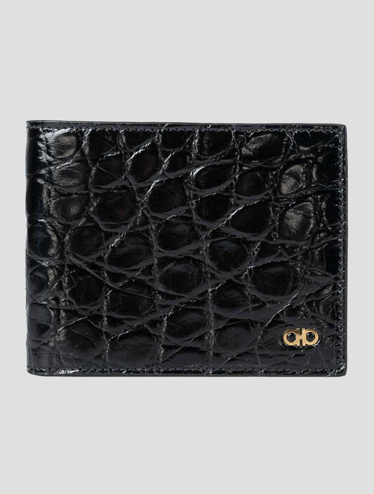 Ferragamo Black Leather Crocodile Wallet