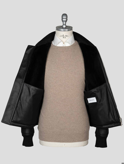 Ferragamo Black Leather Shearling Coat