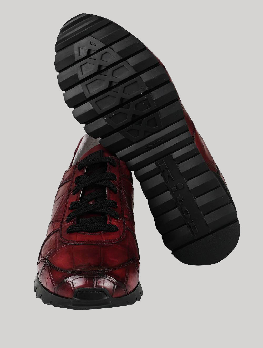 Kiton 酒红色皮革鳄鱼纹运动鞋