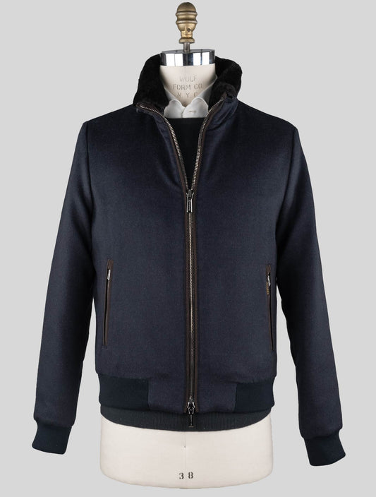 MooRER Blue  Wool Cashmere Goat Sheepskin Collar Coat