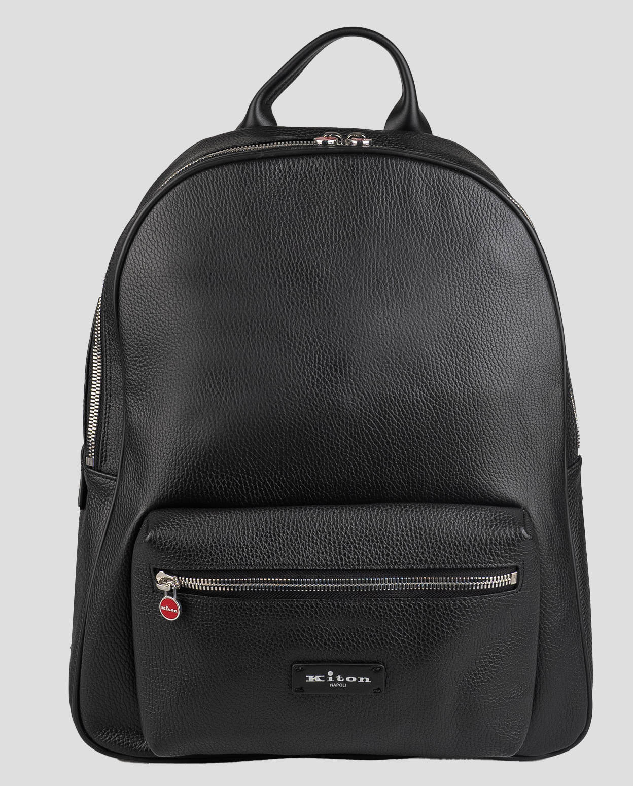 Kiton black calf leather backpack with sleek design, ideal for business travel.