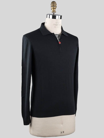 Kiton Black Wool Sweater Polo Half Zip Diamante Blue