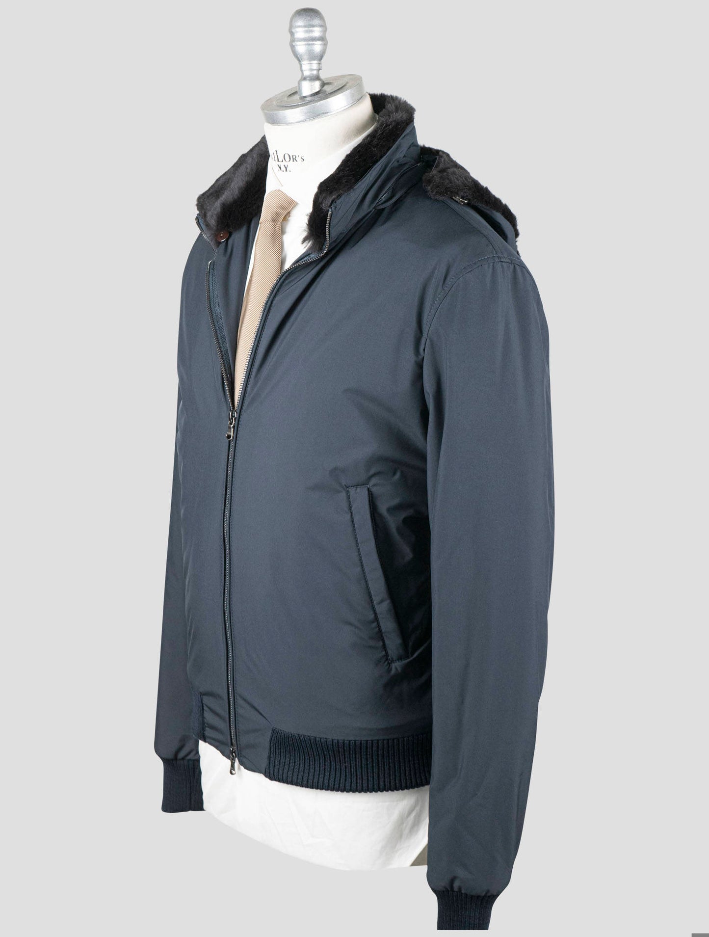 Manteau Barba Napoli bleu en cuir synthétique avec fourrure de lapin