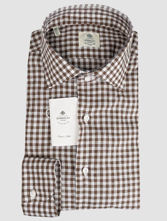 Luigi Borrelli Camisa de lino de algodón blanco marrón