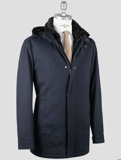 Manteau Barba Napoli en laine vierge et cachemire bleu foncé avec fourrure de lapin