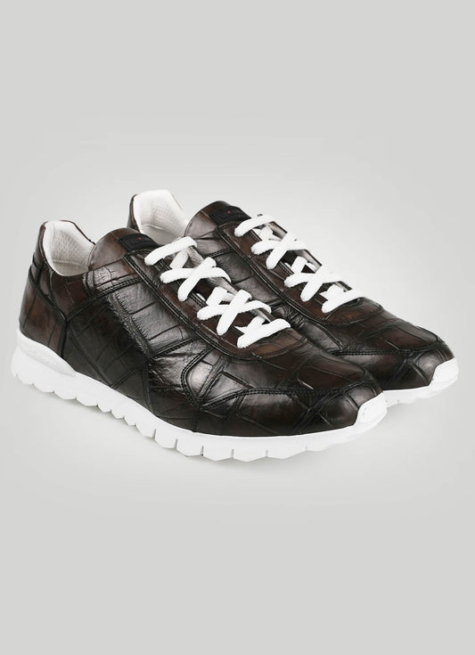 Kiton Dark Brown Leather Crocodile Sneakers
