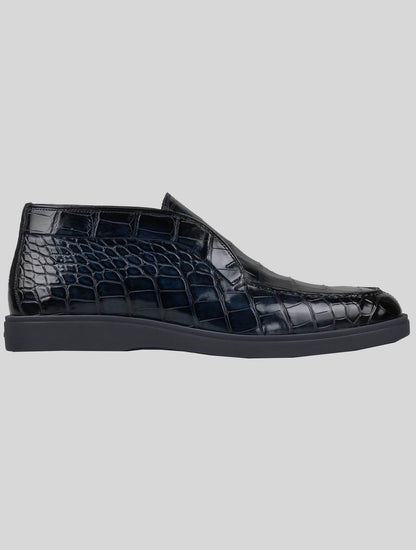 Santoni Blue Leather Crocodile Loafers