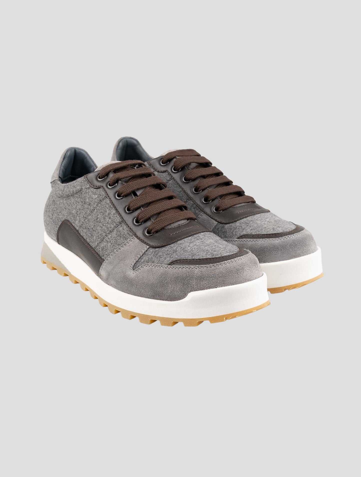 Isaia Brown Gray Cashmere Leather Sneakers