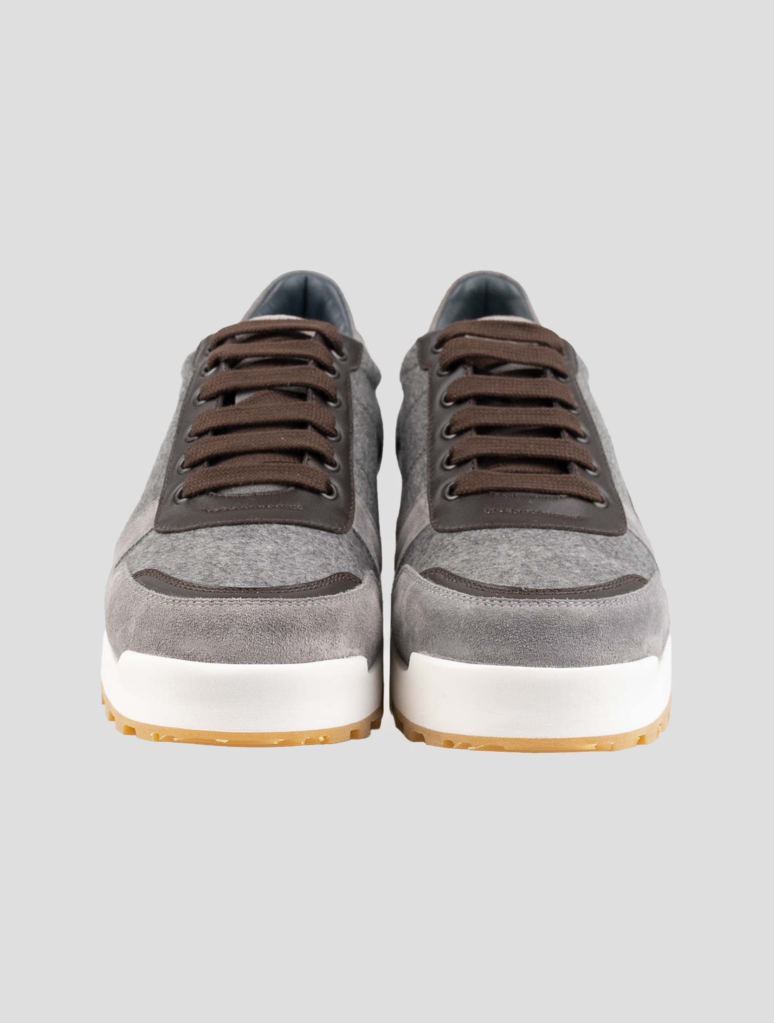 Isaia Brown Gray Cashmere Leather Sneakers