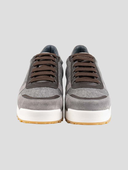 Isaia Brown Gray Cashmere Leather Sneakers