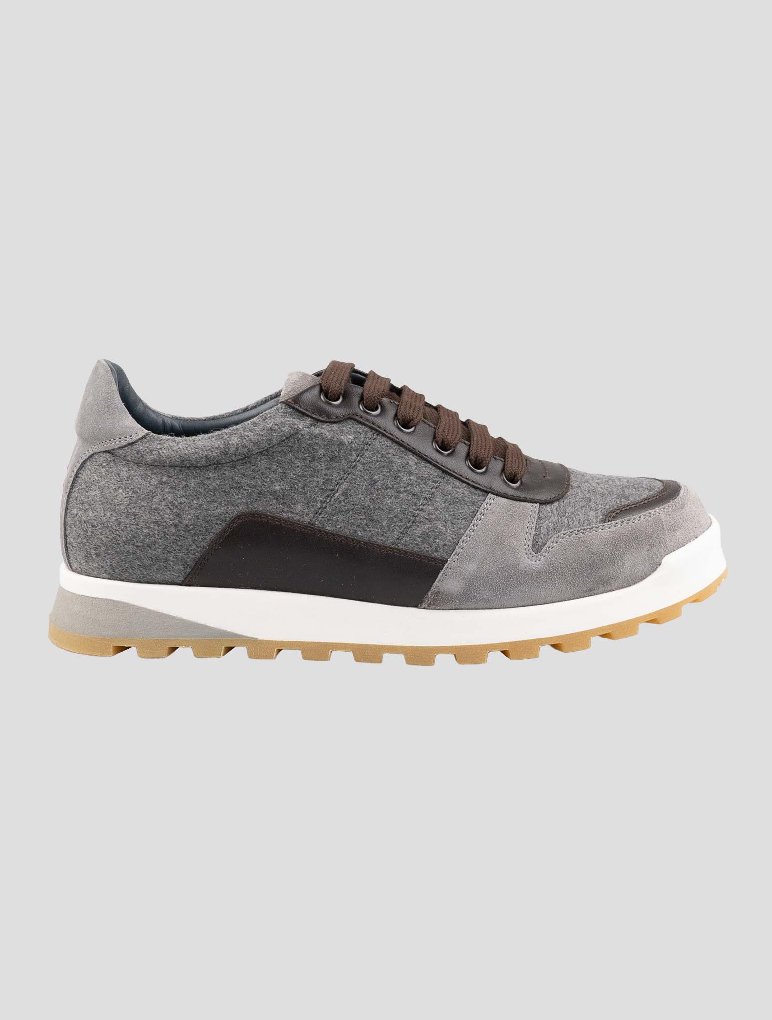 Isaia Brown Gray Cashmere Leather Sneakers