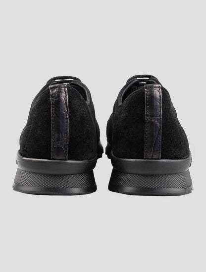 Kiton Black Leather Suede Leather Crocodile Overcoat