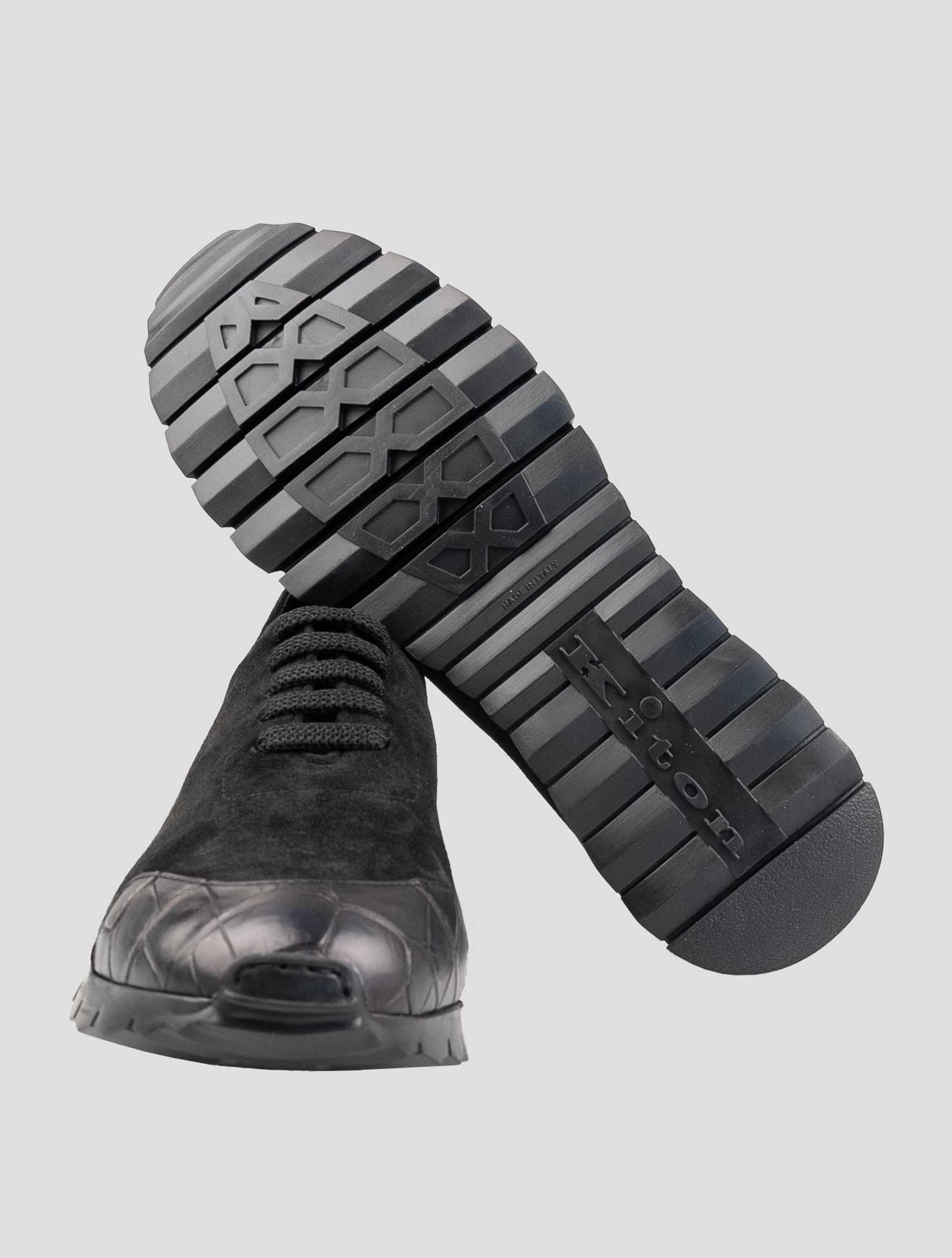 Kiton Black Leather Suede Leather Crocodile Overcoat