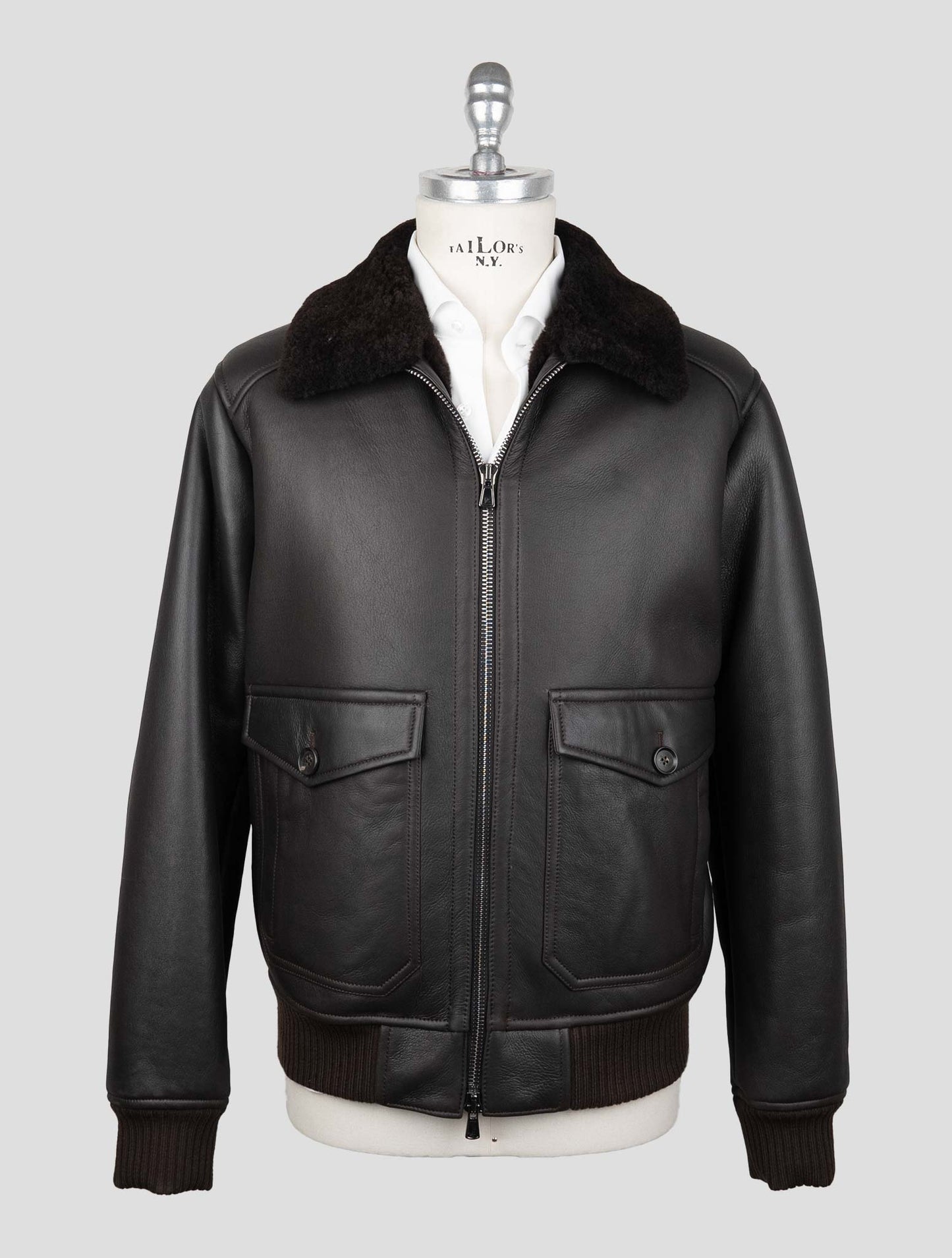 Isaia Brown Leather Shearling Coat