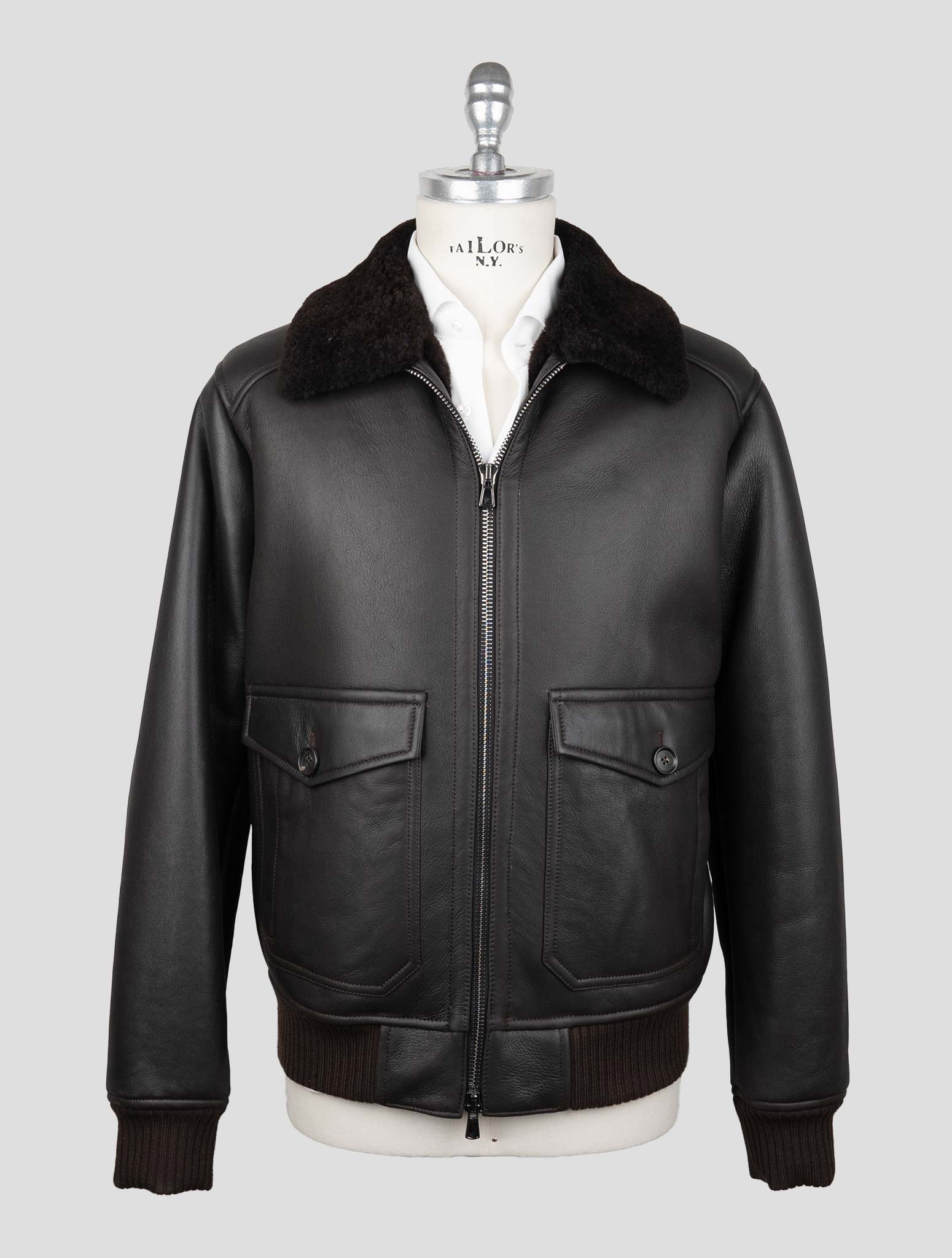 Isaia Brown Leather Shearling Coat