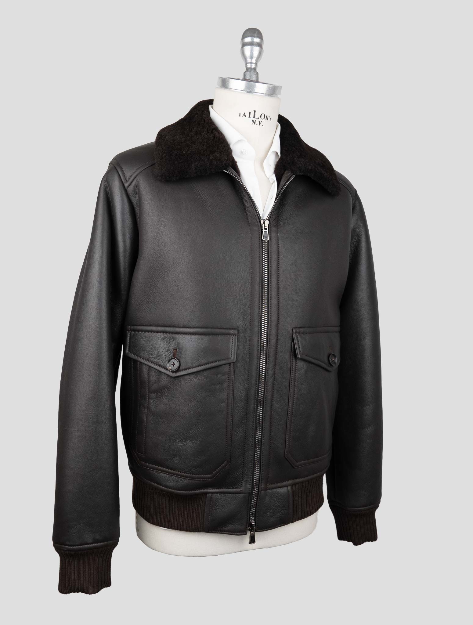 Isaia Brown Leather Shearling Coat