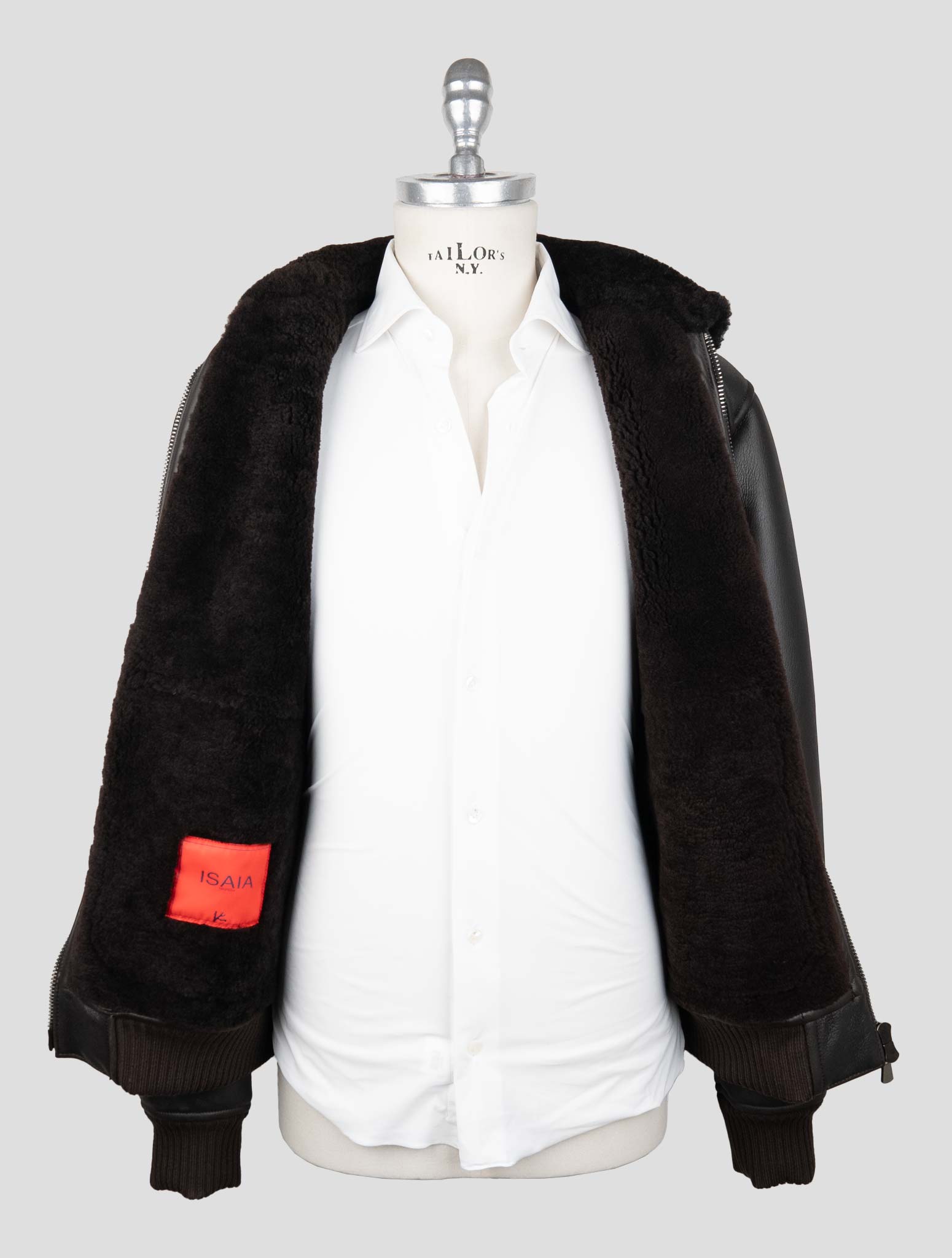 Isaia Brown Leather Shearling Coat